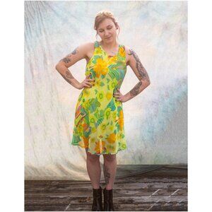 Sita Neon Tropical Floral Sheer Sleeveless Dress – Size M